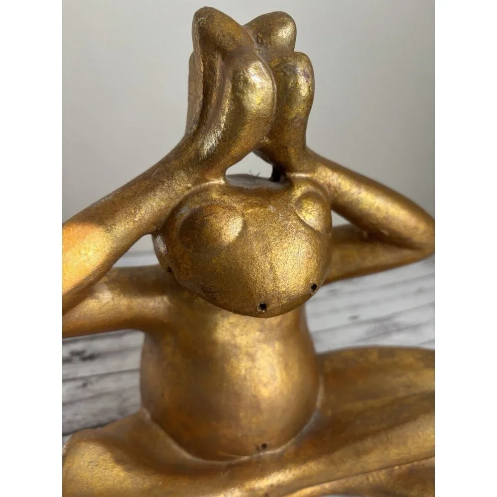 Pier 1 Gold Yoga Frog Statue Figure Zen 10x11” Heavy Garden Decor